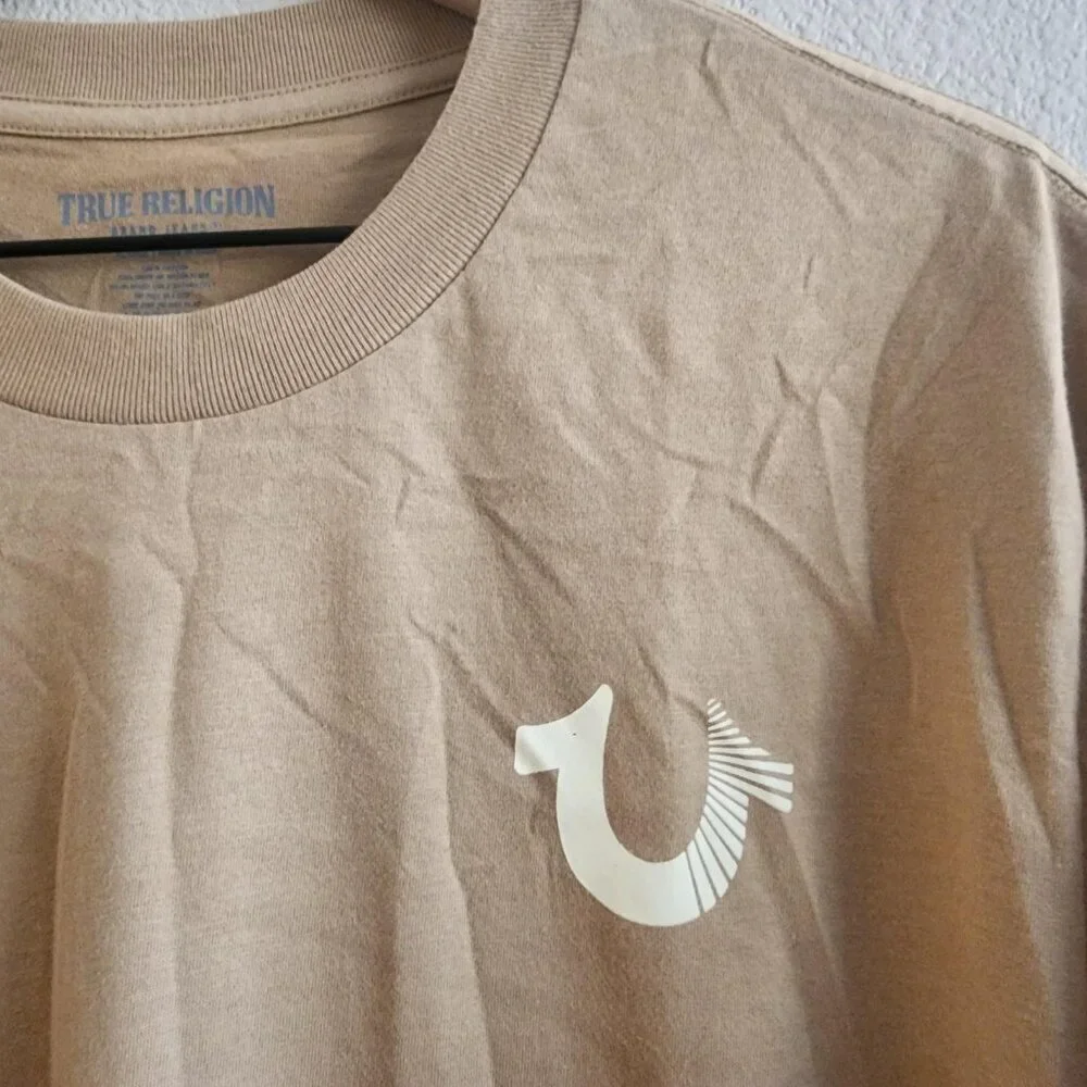 True Religion Shirt Mens Large Tan Buddha Rhinestone Graphic Tee Short Sleeve